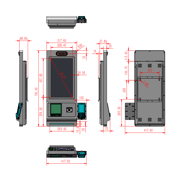 drawing of 18.5 inch Vertical Self Checkout Kiosk