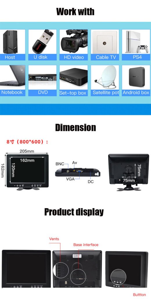 dimension of 8 inch Resistive Touch Screen Monitor
